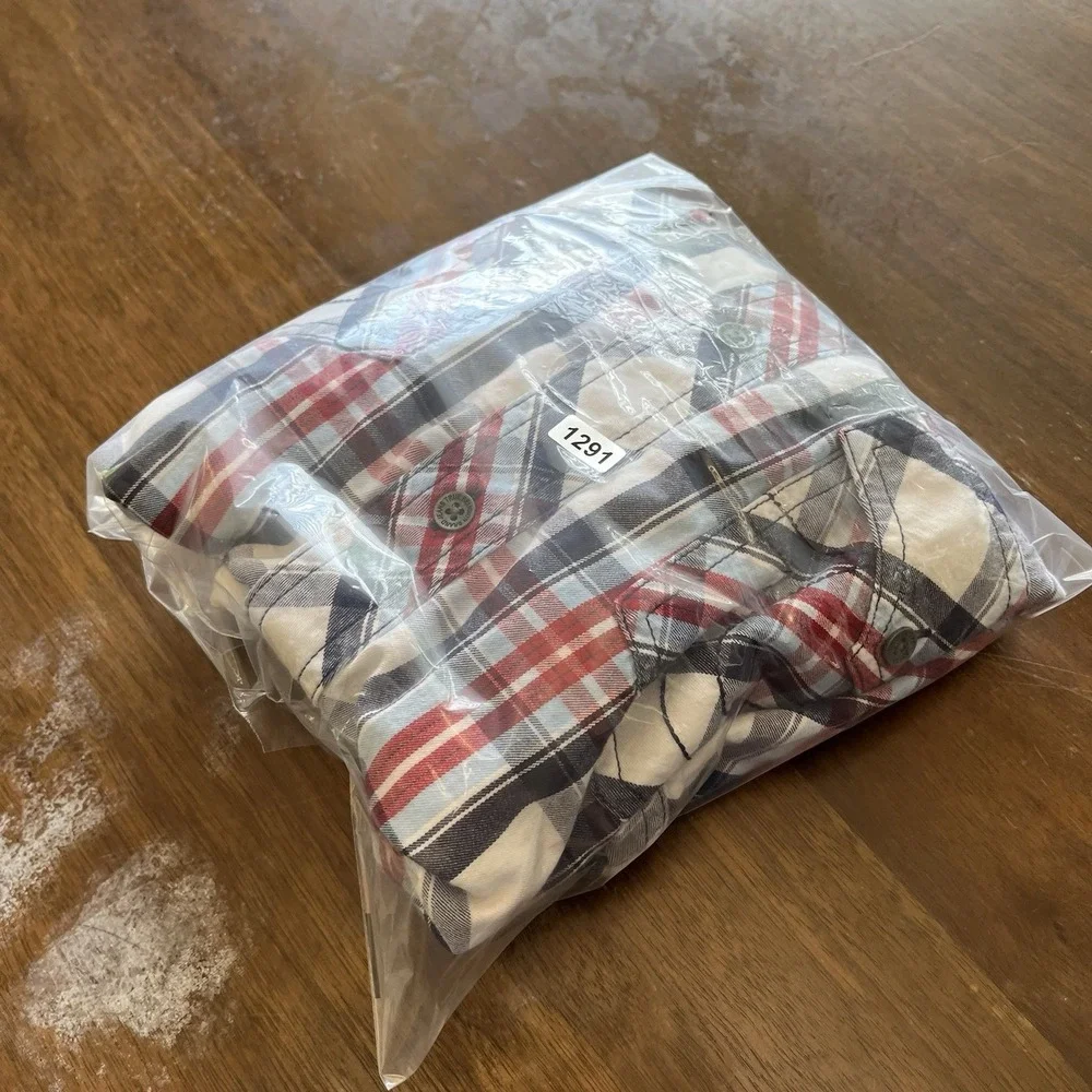 True Religion Plaid Shirt Men's L Western Button Short Sleeve Embroidered
